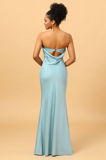 Sky Blue Mermaid Strapless Floor Length Satin Bridesmaid Dress with Open Back